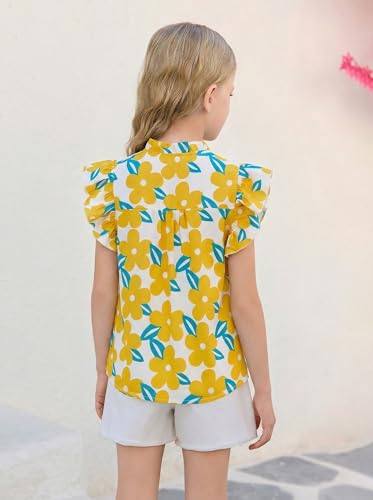 Image of Haloumoning Girls Ruffle Short Sleeve Floral Chiffon Blouses Kids Summer Shirts Tops 5-14 Years