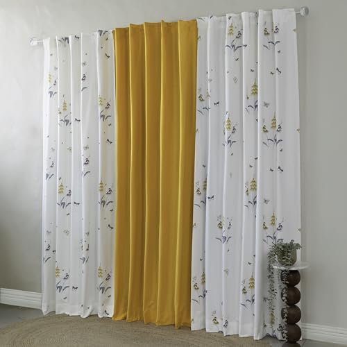 Image of Tranquebar Curtain Co. Window Curtains 5 Feet, 60-65% Room Darkening, Yellow Butterfly & Floral Print, Cotton Curtains for Window, Cotton Curtains 5 Feet Set of 3,BackTabs, Titli Yellow combo (152 cm)