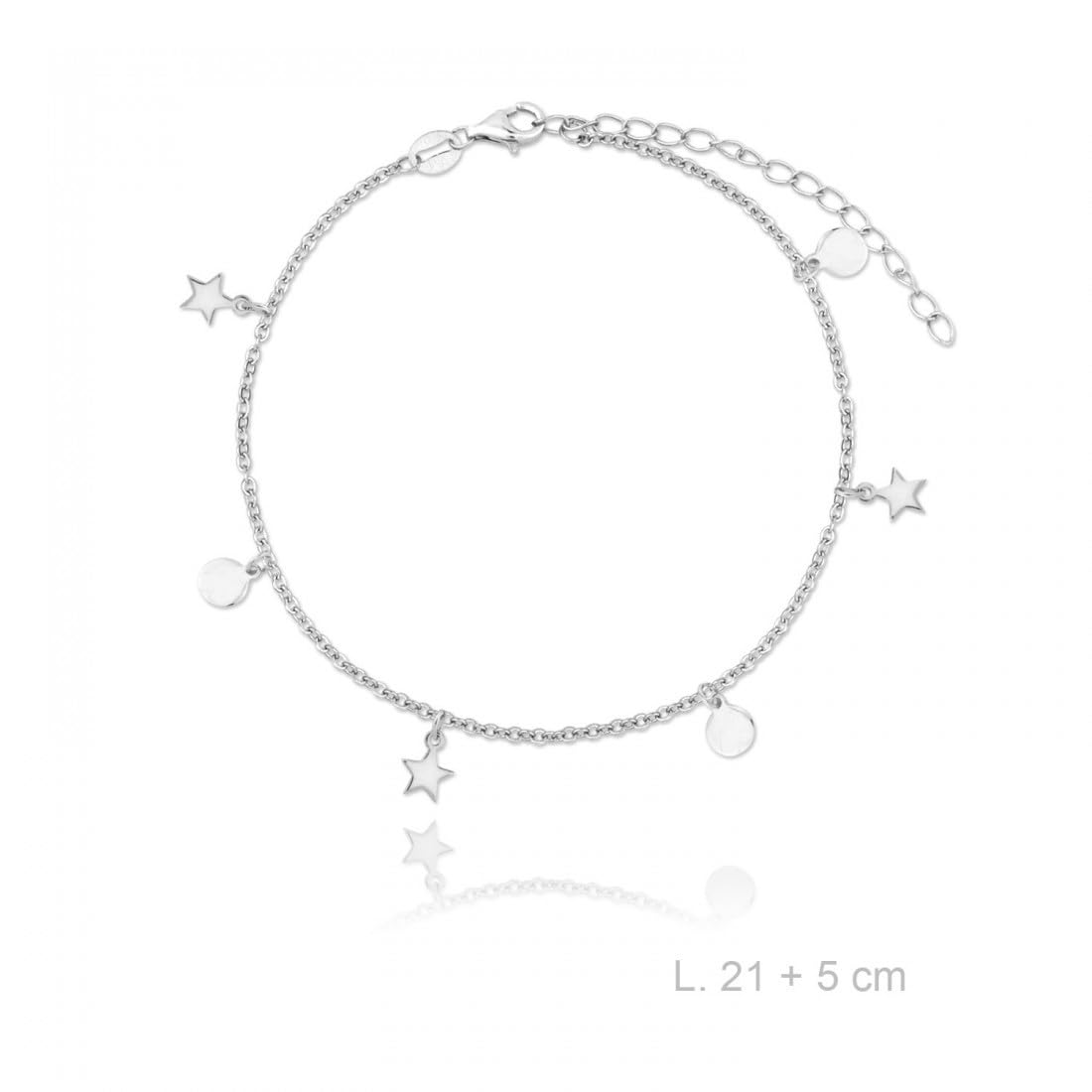 Cavigliera in argento sterling (925) lunga 21 cm, con pendenti combinati a disco e a stella.
