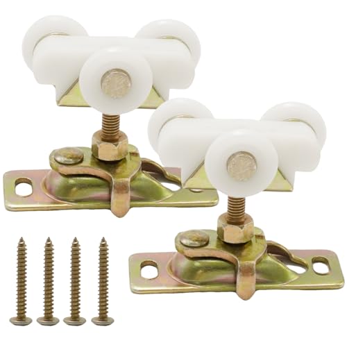 AXGSRV 2pcs 3/4 Inch Sliding Pocket Door Rollers Assembly Sliding Door Wheels Replacement Part with Top Hanger for Johnson Part Hardware Kit Sliding Door Hardware Kits for Bypass