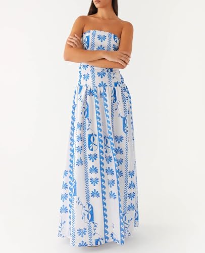 Image of Women Floral Strapless Maxi Dress Y2K Bodycon Tube Long Dresses Sexy Party Formal Cocktail Beach Slit Dress