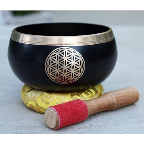 Image of The Healing Store 4 inch Singing Bowl Tibetan Buddhist Prayer Instrument With Striker Stick | OM Bell | OM Bowl | Meditation Bowl | Music Therapy (black flower)