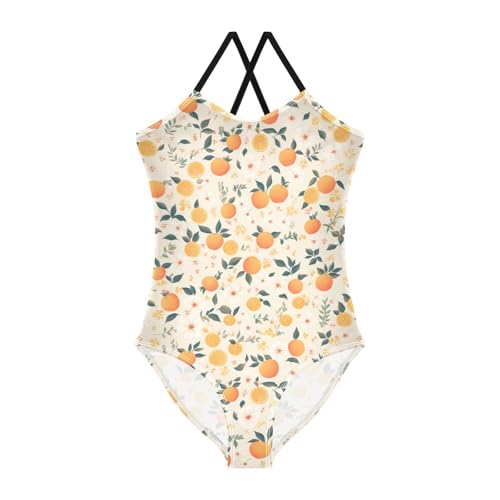 KLL Floral Pattern Orange Fruits Girl 1 Piece Swim Suit Summer Swimming Suits Adjustable Shoulder Strap Quick Dry
