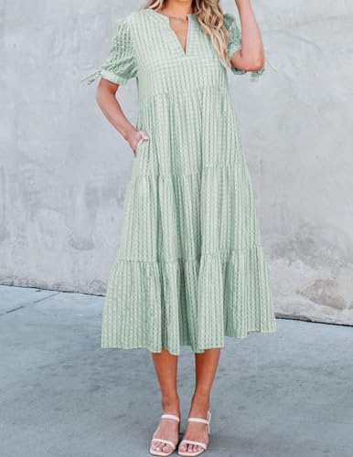 Image of Theenkoln Womens Casual Midi Dress: Short Sleeve V-Neck Empire Waist Gingham Spring Fashion Long Trendy Tiered Formal Dresses