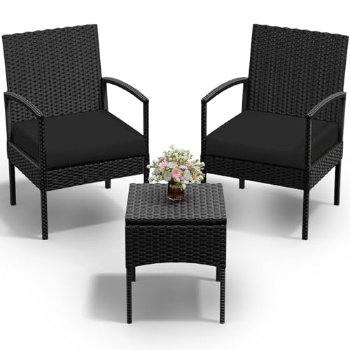 PROHIKER 3 PCS Patio Rattan Conversation Bistro Chairs Set, Outdoor Patio Furniture Wicker Bistro Set with Coffee Table for Garden Porch Balcony Yard Lawn, Black