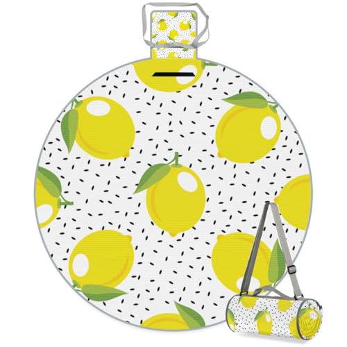 Shimoshe Lemon Pattern Picnic Outdoor Blanket Foldable Waterproof Sandproof Beach Blanket Portable Water-Resistant Round Picnic Mat for Travel Camping Park Lawn