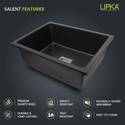 Image of LIPKA Quartz Kitchen Sink 24 x 18 x 9 Inches | Black Granite Single Bowl Sink | Quartz Sink for Modular Kitchen | Scratch & Heat Resistant | Kitchen Sink with Coupling, Waste Pipe & Vegetable Basket