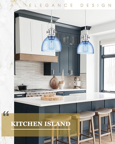 Image of 2-Pack 7.5 inch Brushed Nickel Pendant Lights, Blue Seeded Glass Shade | Farmhouse Vintage Hanging Light Fixtures for Kitchen Island Dining Room, Adjustable Hanging Height, E26 Base, 22151-1P2-SN-BL