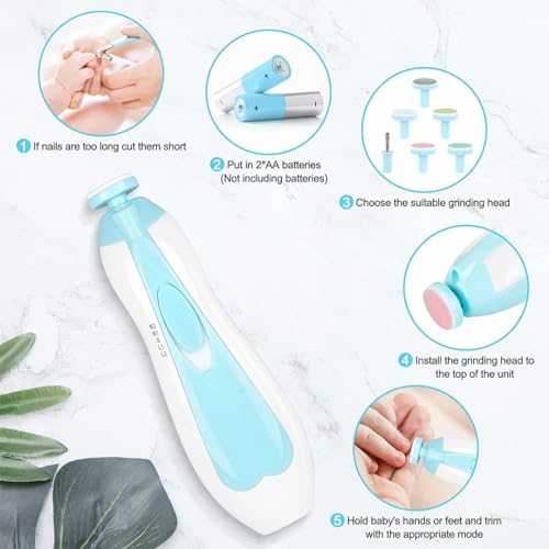 Image of Baby Nail Trimmer Electric 6 in 1 Baby Nail File Clippers for Toes & Fingers, Safe Nail Filer Grinder Manicure Kit Kids 6 Replacement Tools with Led Light Trim and Polish - Assorted Color