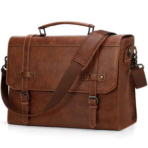 RAINSMORE Messenger Bag Skórzana torba na laptopa 17,3 cala Vintage Briefcase dla mężczyzn Wodoodporna torba na ramię do pracy w biurze Biznes College Brązowy