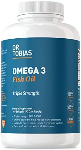 Dr. Tobias Omega 3 Fish Oil – Triple Strength Dietary Nutritional Supplement – Helps Support Brain & Heart Health, Includes EPA & DHA – 2000 mg per Serving,180 Soft Gel Capsules