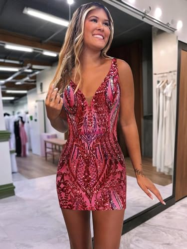 Sparkly Sequin Bodycon Homecoming Dresses 2025 for Teens Mermaid V Neck Prom Cocktail Party Mini Gowns3
