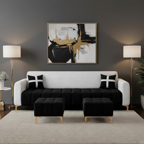 Image of Melody 3 Seater Modular L Shape Sofa Set with 2 Ottoman | Soft Velvet Upholstery, Sturdy Wooden Frame | Modern Sofa for Living Room, Hall & Office Spaces (Black-Light Grey)