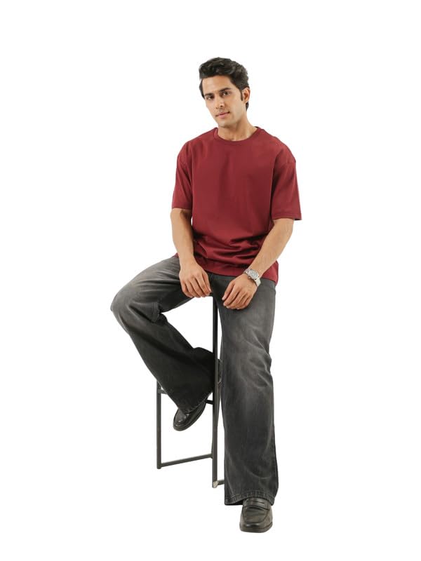 Image of SAADAA Men's Oversized Cotton T-Shirt | 210 GSM Heavyweight Fabric | Drop Shoulder | Dual Knit | Comfortable Casual Wear | Solid Colors