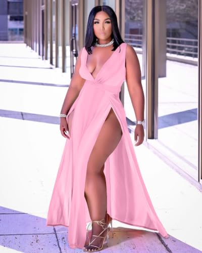 Image of Women's Plus Size Maxi Wrap Dress Sleeveless Deep V Neck Split Dress