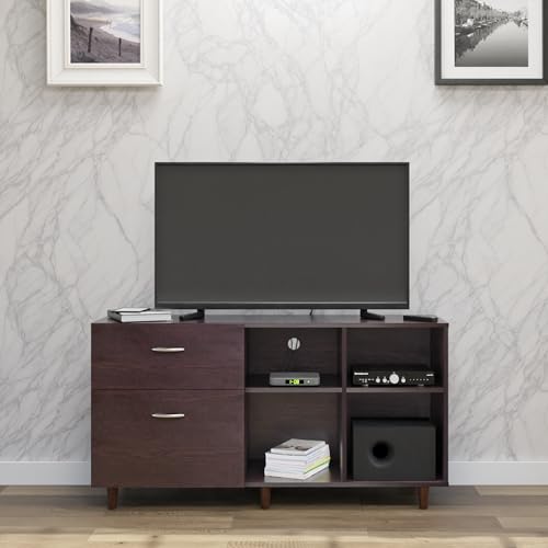 Image of VIKI Modern TV Unit for Living Room | Engineered Wood TV Cabinet with 2 Drawer Storage & 2 Open Shelves, Set Top Box Stand, Entertainment Unit, 140W x 74H x 40D cm | DIY | 1 Year Warranty (Wenge)
