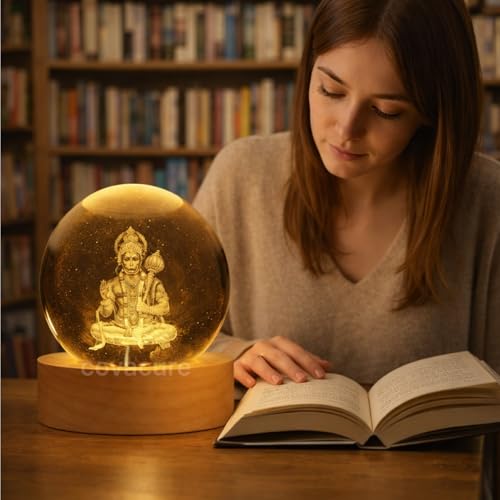 Image of COVACURE 3D Hanuman Crystal Ball Night Lamp, Solar System Hanuman Idol Crystal Ball Night Light, USB Table Colorful LED Wooden Base Lamp for Home, Office, Birthday Gift