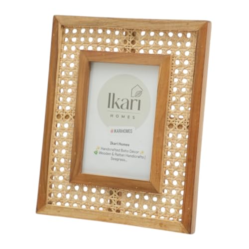 Image of Ikari Homes Premium Teak Wood & Rattan Photo Frame | Handcrafted Boho Woven Cane Picture Frame for Tabletop & Wall Hanging | Natural Rustic Home Decor for Living Room Bedroom (Brown Finish)