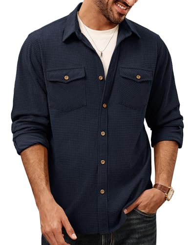 PJ PAUL JONES Men's Button Down Waffle Textured Shirt Casual Long Sleeve Wrinkle Free Untucked Shirts with Flap Pockets