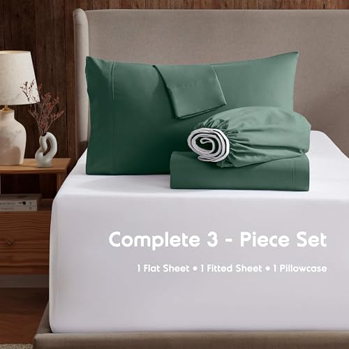 Image of Nestl Twin Bed Sheet Set - Dark Green - 3-Piece Deep Pocket | Instantly Soft, Night-One Ready (No Wash Required). Fits 16-Inch Deep Pockets, 360-Degree Elastic Grip