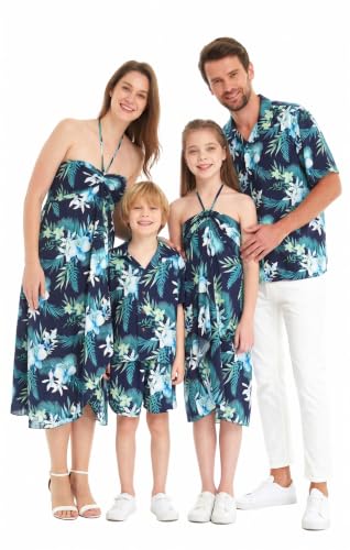 Image of Family Matching Hawaiian Clothes, Orchid Breeze Navy | Lightweight 100% rayon • Family matching outfits • Beach vacations • Luaus • Cruises • Family photos