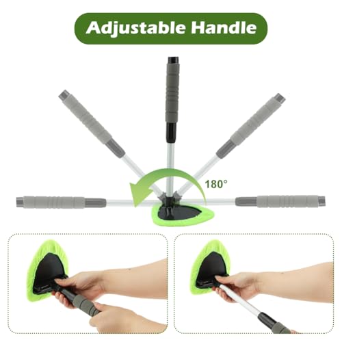 JIANWEI Car Windscreen Cleaner Kit, Car Inside Window Cleaner Tool with Extendable Handle Car Window Cleaning Wand with 4 Reusable and Washable Microfiber Pads&Spray Bottle(Black Green)