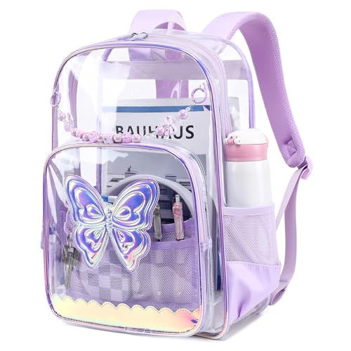 MUSEVOS Clear Backpack for School Clear Bookbag for Girls PVC Heavy Duty Transparent Backpack Purple Butterfly