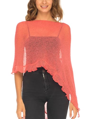 Image of SHU-SHI Women's Sheer Knit Poncho Shrug Lightweight Asymmetrical Ruffle Wrap Dressy Summer Shawl Cover Up Top