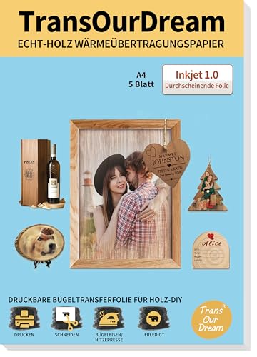 TransOurDream Papel de transferencia de calor de madera auténtica para impresora de inyección de tinta (5 hojas, A4+1 tela de algodón), papel de transferencia imprimible para planchar para madera