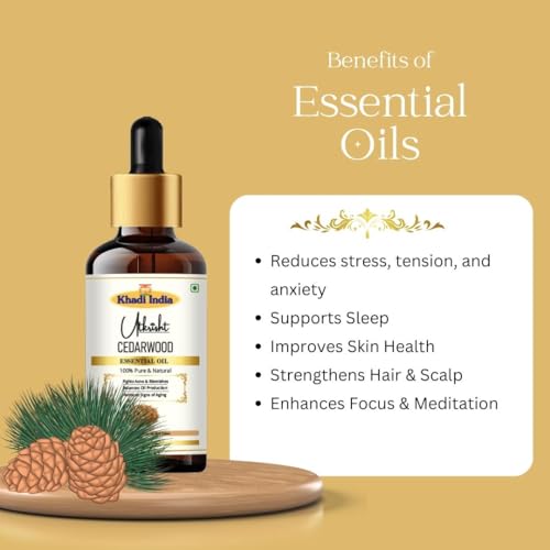 Image of Khadi Cedarwood Essential Oil 15 ml | Pure & Natural | Strengths Hair & Scalp | Body & Face Massage Oil | Skincare for Glowing Skin | All Skin & Hair Types | Aromatherapy for Men & Women