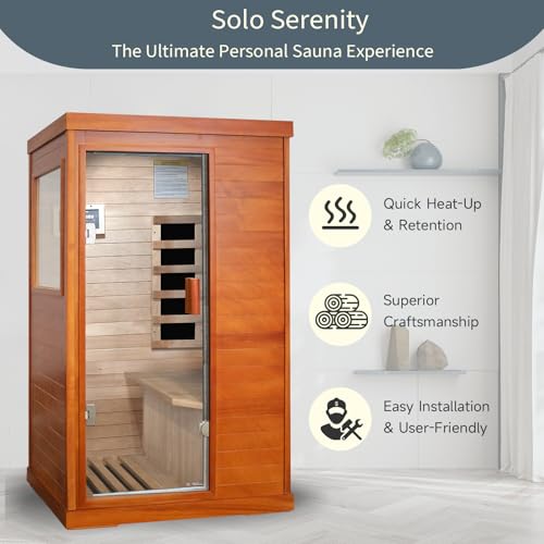 Sauna, Far Infrared Saunas for Home 1 Person Wood Sauna Okoume 800W/110V Low Emf Dry Sauna Indoor Sauna Room with Tempered Glass Door/Speakers/Air Hole and LED Lighting - 35.2*27.6*61.6 IN - Image 3