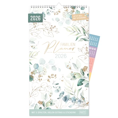 Häfft® Familienplaner 2026 mit 5 Spalten 'Blattgold' 22,5 x 41,2 cm, Wandkalender 2026 mit Sticker, Familienkalender Wandplaner: Ferientermine & viele Zusatzinfos - nachhaltig & klimafreundlich