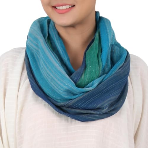 NOVICA Artisan Handmade Cotton Infinity Scarf Artisan Crafted 100% from Thailand Accessories Scarves White Green Teal Blue Striped Woven Travel Friendly ' Seaside Breezes'
