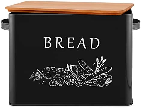 E-far Bread Box for Kitchen Countertop, Metal Bread Storage Container Bin with Bamboo Lid for Cutting Bread, Extra Large & Farmhouse Style, 13” x 7.2” x9.8”, Black