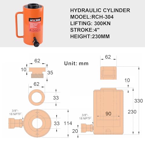 Image of HZLZRZ 30T Hydraulic Cylinder Jack Hollow Single Acting Hydraulic Ram Cylinder, Hydraulic Lifting Cylinders 4 inch(101mm) and Porta Power Kit (RCH-304)