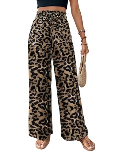 Nicetage Womens Leopard Print Wide Leg Pants High Waisted Stretchy Palazzo Trousers Beach Vacation Clothes Summer Outfits