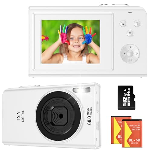 Cámara de Fotos 68MP 4K Cámara Digital Compacta con Zoom 16X 2,4' LCD Compacta Portátil Cámara con Tarjeta 64GB para Niños Principiantes Adulto (Blanco)
