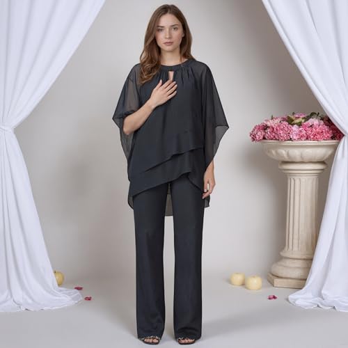 Women's Dressy Casual 2 Piece Outfits Pant Suits for a Wedding 2025 Fall Trendy Irregular Chiffon Wide Leg Pant Sets4
