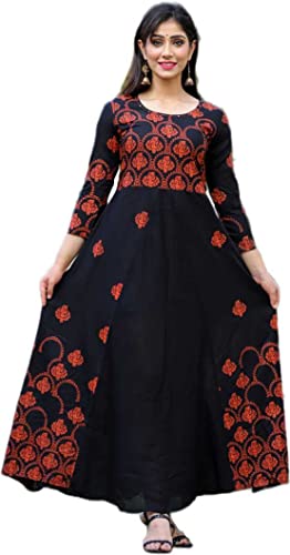 Image of Women's Floral Printed Anarkali Kurta Black Rayon A-Line Kurti for Girls