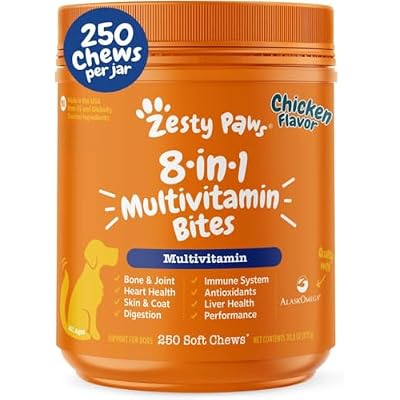 Zesty Paws Dog Multivitamin, Chewable Dog Vitamins and Supplements for Hip & Joints, Skin & Coat, Omega 3 Fish Oil for Dogs- Senior & Puppy Multivitamin - Chicken- 250ct