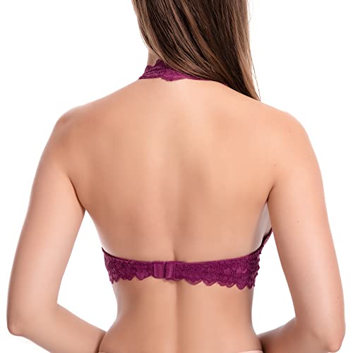 Image of Floral Lace Halter Bra Bralette Top Hook and Eye Closure Back Unpadded Wirefree Lace Bra