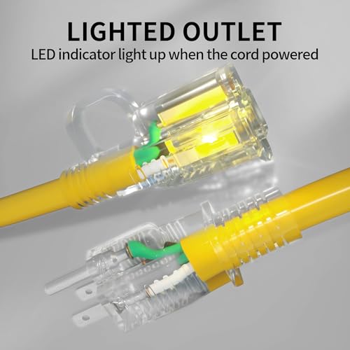 POWGRN 15 ft 12/3 Outdoor Extension Cord Waterproof Heavy Duty with Lighted Indicator End 12 Gauge 3 Prong, Flexible Cold-Resistant Long Power Cord Outside, 15Amp 1875W SJTW Yellow ETL Listed by POWGRN - Used condition - Image 2