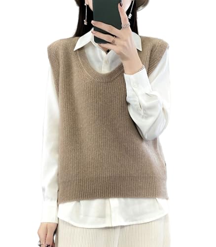 Women's O-Neck Knit Sweater Vest Merino Wool Sleeveless Thick Pullover Vest Short Tops