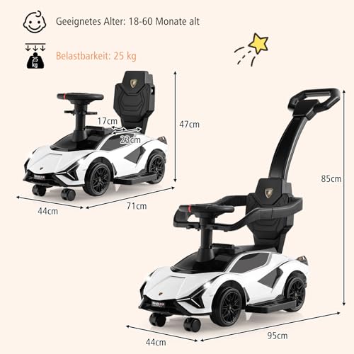 COSTWAY 3-in-1 Lamborghini Rutschauto, Schiebauto mit Scheinwerfern & Musik & Stauraum, Rutschfahrzeug mit abnehmbaren Schiebegriff & Universalrädern, Rutscher Auto für Kinder ab 1 Jahr (Weiß) – Bild 7