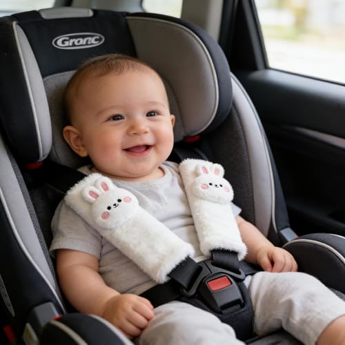 Image of Baby Car Seat Neck Cover, Baby Strap Pad, Car Seat Strap Cover, Car Seat Belt Cover Boy Girl, Baby Neck Pad, Car Strap Pad Fleece, Belt Pad Plush Doll, Seat Belt Pads (Rabbit Doll in White Fleece)