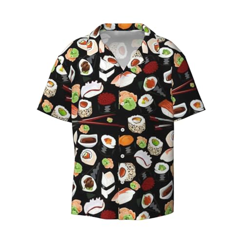 Yiyilong Camisa de manga corta para hombre, estilo hawaiano, informal, con estampado de sushi japonés, con botones, para vacaciones, playa, Negro -, Large