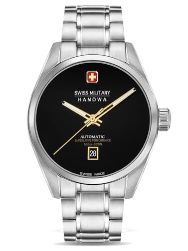 Image of SWISS MILITARY HANOWA Majestic Pioneer Onyx | Black Analog Dial | Date Display | Silver Stainless Steel Strap | Swiss Made Automatic Watch for Men - SMWGL0006204