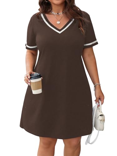Verdusa Womens Plus Size A Line T Shirt Dress Short Sleeve V Neck Tunic Dresses Casual Outfits Coffee Brown X-Large Plus