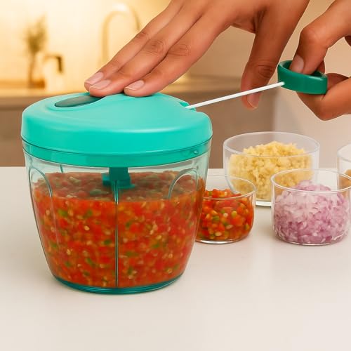 Image of Large Manual Food Chopper with Pull Cord, 5 Stainless Steel Blades - 1000ml Vegetable, Fruit & Onion Cutter (Green)