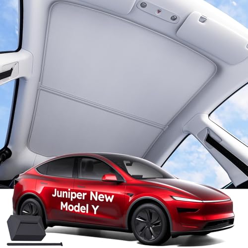 LCLALAY 2025 New Model Y Juniper Accessories Sunshade Roof for Tesla Never Sag Nano Ice-Crystal Coatings 3-Gen Heat Insulation Glass Roof Sun Shade with Tissue Box for Tesla Juniper Model Y Gray